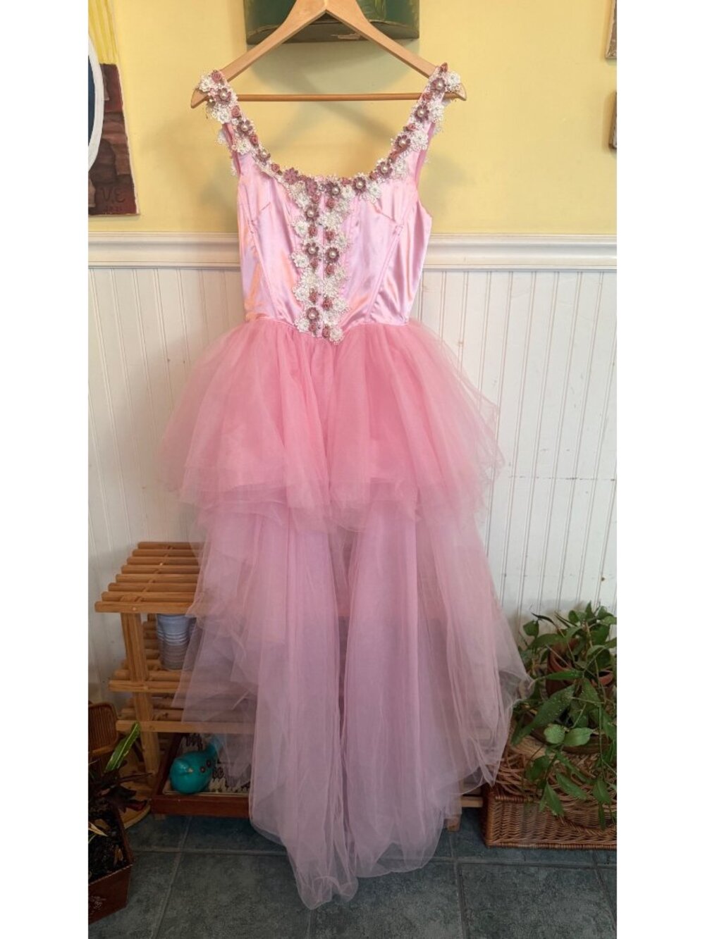Sugar Thrillz Pink Floral Embellished Tulle Gown With Layered Skirt & Satin Bodi